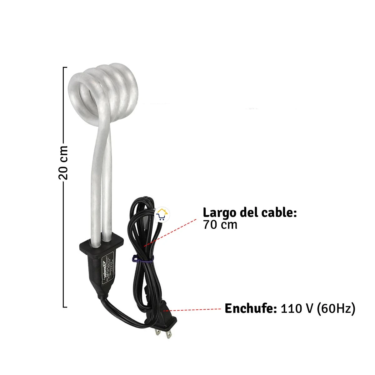 Calentador de agua instantáneo de 480W con tubo espiral blanco, cable negro de 70 cm y enchufe para 110V; incluye dimensión total de 20 cm.