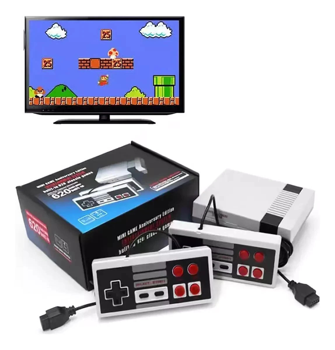 Consola retro 8 bits blanca con dos mandos y cable, junto a su caja negra con diseño azul. Pantalla de TV mostrando juego de Mario Bros.