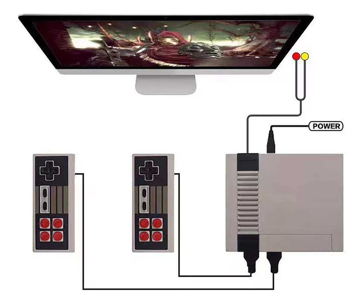 Miniconsola retro gris con dos mandos clásicos conectados, pantalla grande mostrando juego de acción, cable de alimentación y puertos visibles en lateral.
