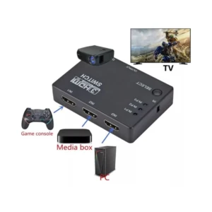 Selector HDMI 3x1 negro para Switch, consola y PC, con cámara de visualización y control remoto.