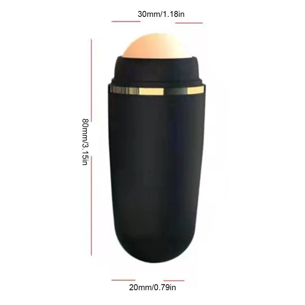 Rodillo facial de piedra volcánica negro con detalles dorados, dimensiones 80mm x 30mm x 20mm, mostrando cabezal esférico y cuerpo cilíndrico.