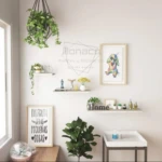 Kit repisa flotante madera aglomerada en blanco, instalada en pared con plantas, cuadros y objetos decorativos; incluye tres niveles de diferentes tamaños para organizar galería de fotos, libros y plantas.
