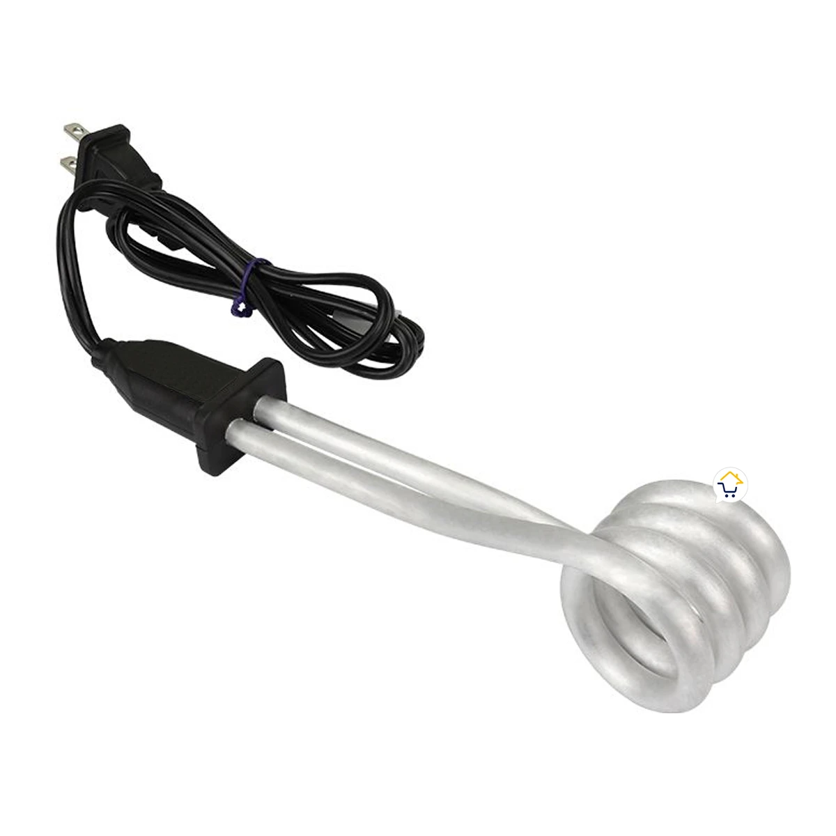Calentador de agua eléctrico de 480W con cable negro y enchufe estándar, cuerpo metálico plateado en forma de espiral, diseñado para duchas y limpieza.
