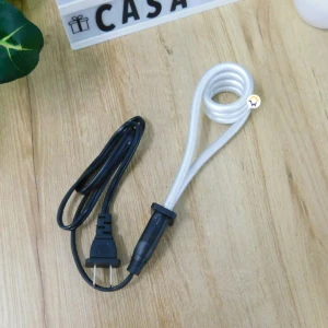 Cable de alimentación negro con enchufe de dos patas y conector macho para calentador de agua, sobre superficie de madera clara.