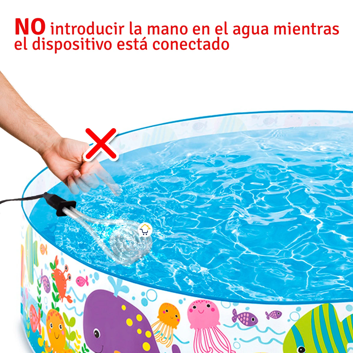 Calentador de agua sumergible en piscina infantil con diseño de animales marinos; mano señalando prohibición de contacto con el cable mientras está encendido.