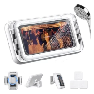 Soporte teléfono ducha impermeable blanco con pantalla protectora, muestra video en baño. Incluye base magnética, adaptador universal y tres gomas de sujeción.