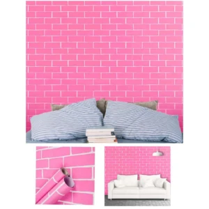 Papel adhesivo decorativo rosa con patrón de ladrillo, aplicado en pared de dormitorio y sala, mostrando textura y uso real.