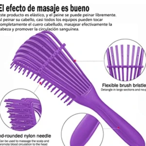Cepillo desenredante antifrizz de cerdas flexibles en color morado, con puntas redondeadas y mango ergonómico, diseñado para masaje capilar y eliminación de nudos sin dolor.
