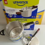 Olla a presión de aluminio de 10 litros con tapa separada, mostrada junto a su caja original. Incluye mango negro y válvula de seguridad visible.