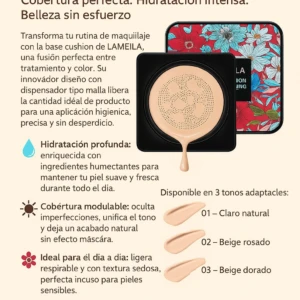 Cushion Lameila L-5059 en presentación compacta con estuche floral y base beige, diseñado para unificar tono e hidratar la piel al instante.