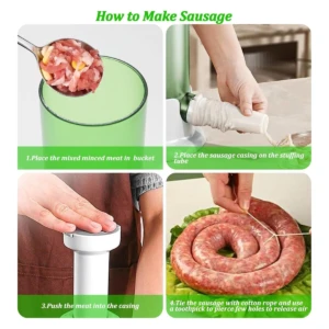 Cuatro pasos para hacer salchichas caseras con máquina manual: carne picada en cubo, embutido en cascarilla, empuje manual y atado con cuerda.