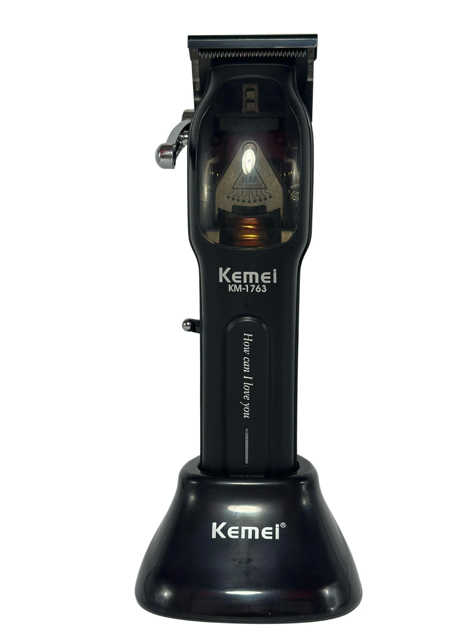 Afeitadora eléctrica Kemei KM-1763 en color negro, con base de carga y peines ajustables visibles. Diseño compacto para corte de barba y patillas.