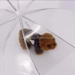 Sombrilla transparente para mascotas con perro marrón dentro, vista desde arriba, mostrando estructura metálica y tela clara.