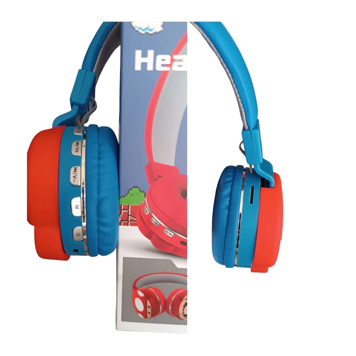 Diadema inalámbrica azul y roja con controles laterales, caja de presentación y variante visible en empaque.