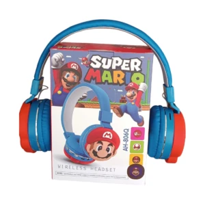Diadema inalámbrica azul con almohadillas rojas, caja de Super Mario con personajes y tarjeta microSD incluida.