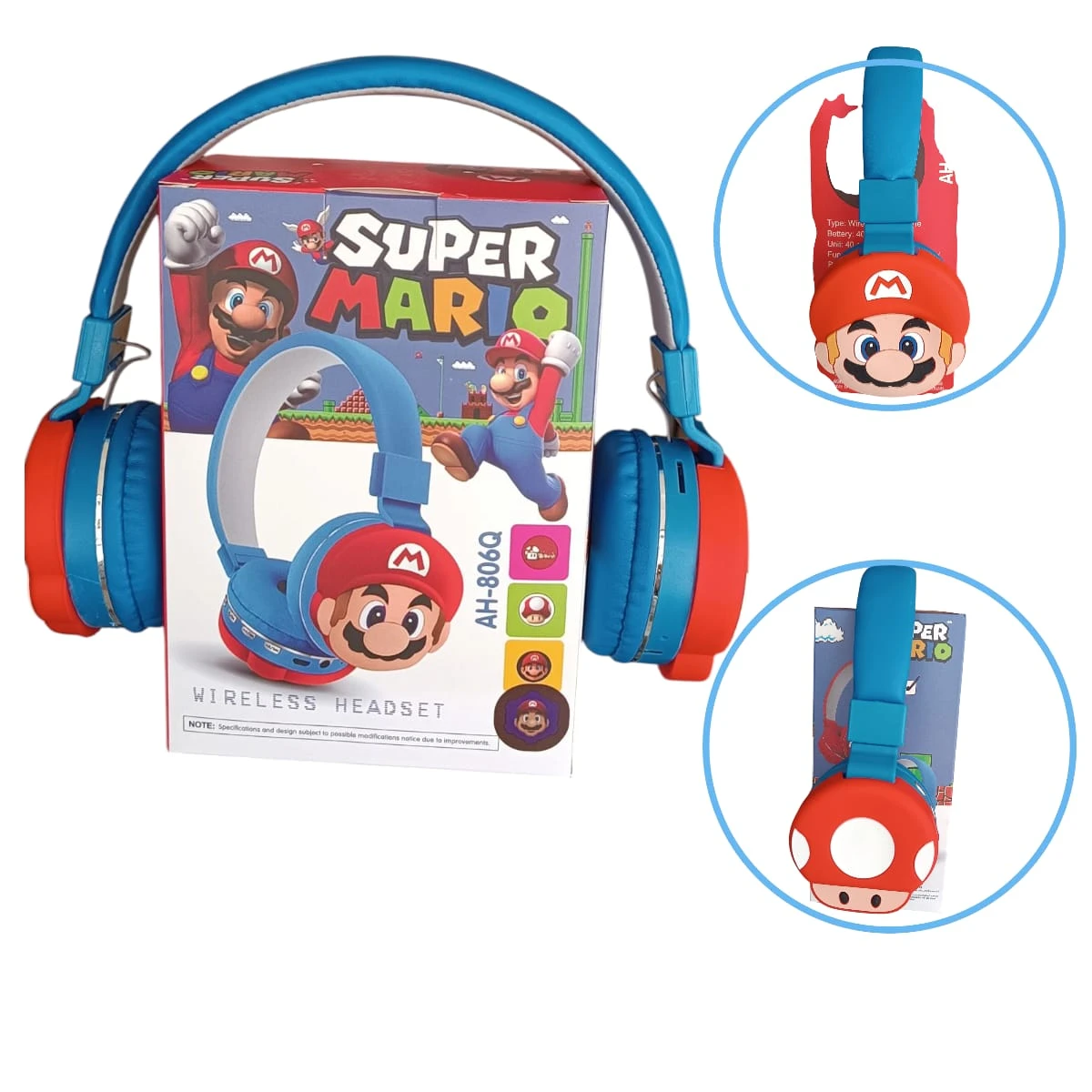 Diadema inalámbrica azul y roja con diseño de Super Mario, mostrando caja, auriculares y detalles del personaje.