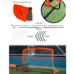 Portería de microfútbol plegable naranja con varillas de fibra de vidrio, incluye bolsa de transporte, 4 postes de 115 cm, 8 soportes de 74 cm y red blanca.
