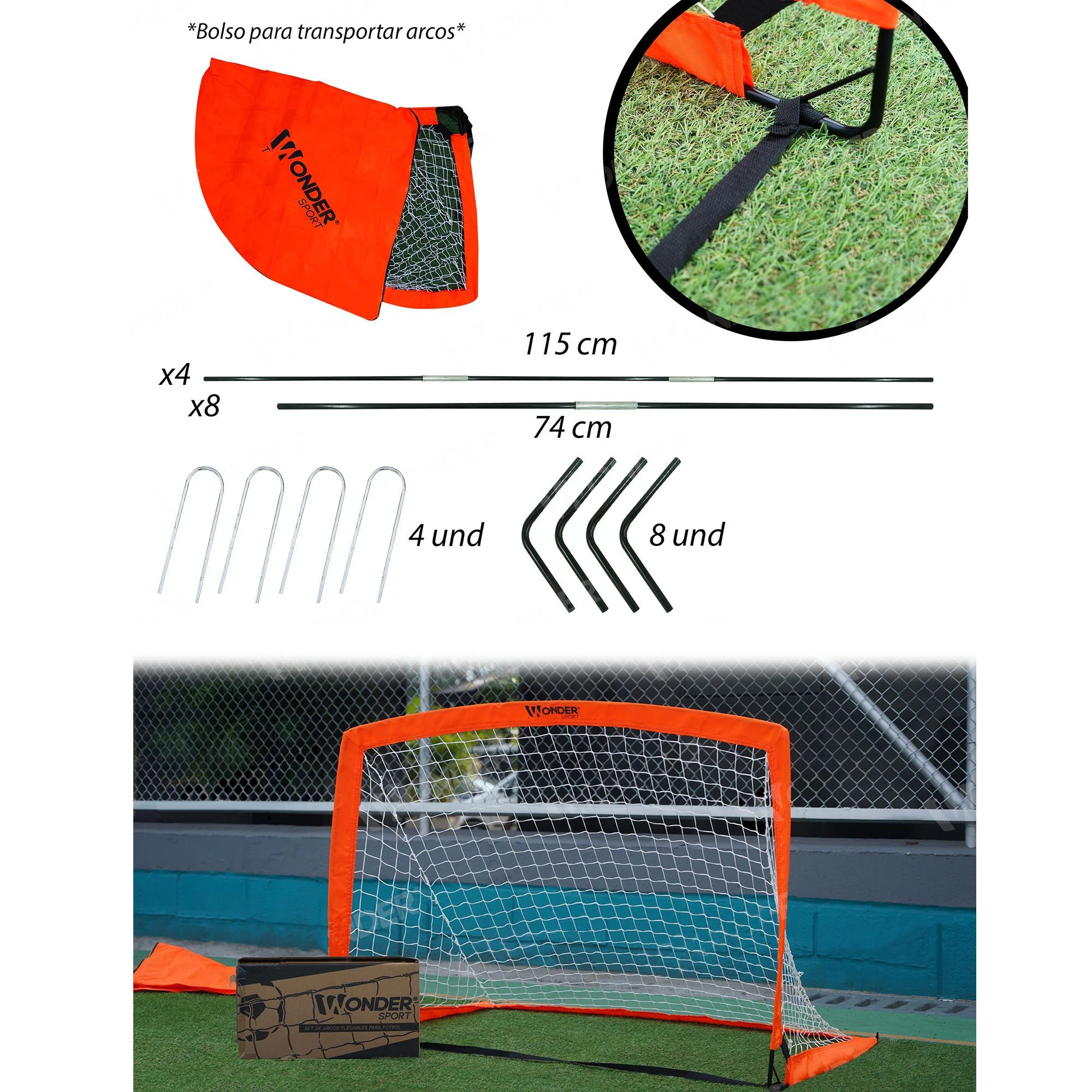Portería de microfútbol plegable naranja con varillas de fibra de vidrio, incluye bolsa de transporte, 4 postes de 115 cm, 8 soportes de 74 cm y red blanca.
