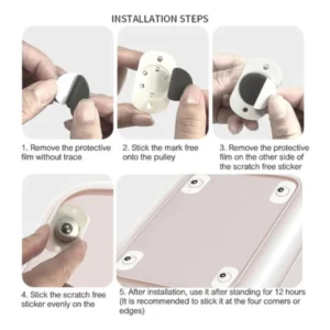 Instrucciones de instalación para ruedas adhesivas giratorias: retirar película protectora, pegar en mueble, aplicar sticker y dejar secar 12 horas.