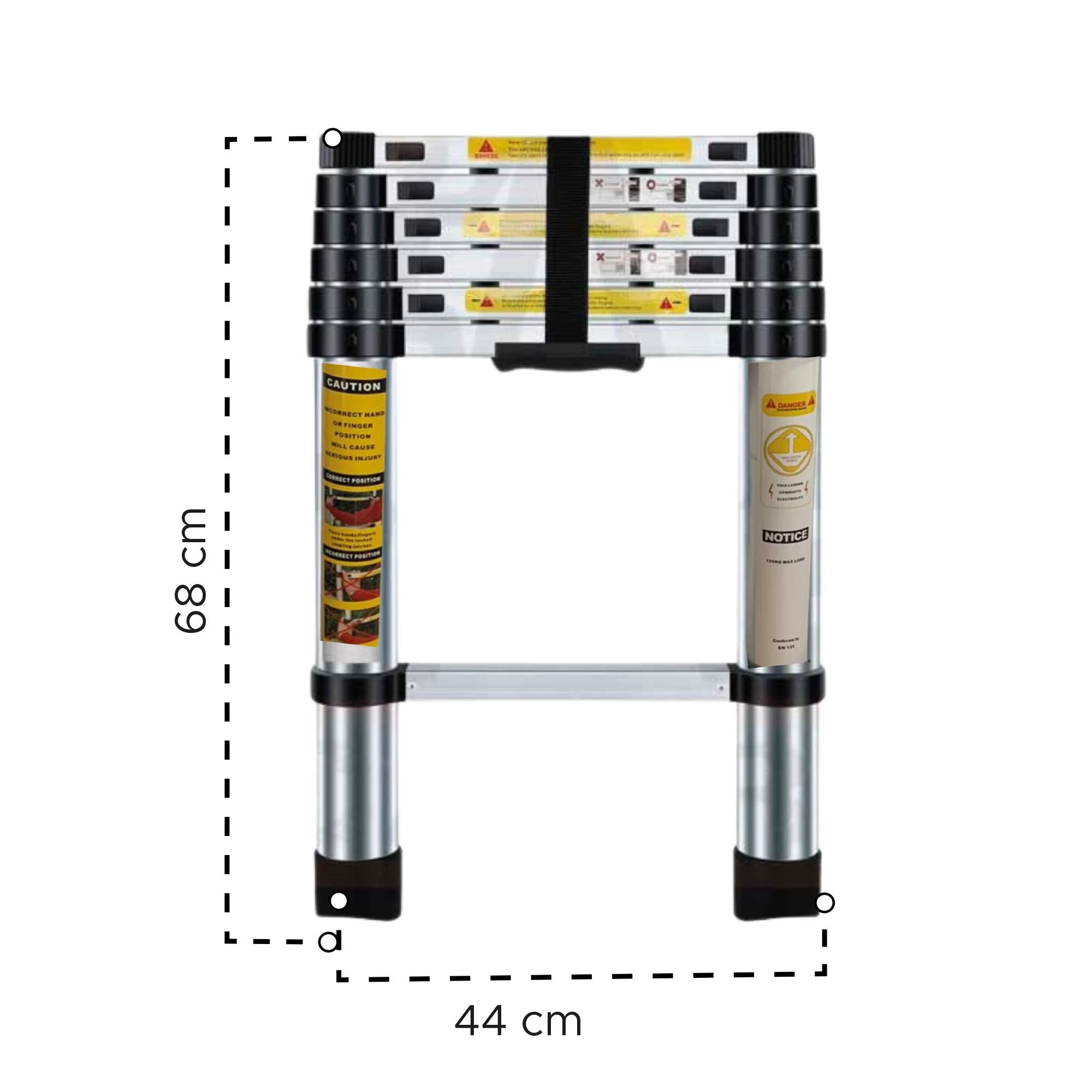 Escalera telescópica plegable de aluminio con 6 peldaños reforzados, color negro y plateado, mostrando dimensiones de 68 cm de alto y 44 cm de ancho en posición compacta.
