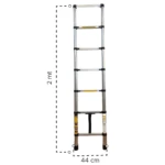 Escalera telescópica de aluminio, 2 metros de altura, 6 peldaños reforzados, base de 44 cm, con etiquetas amarillas en los pies.