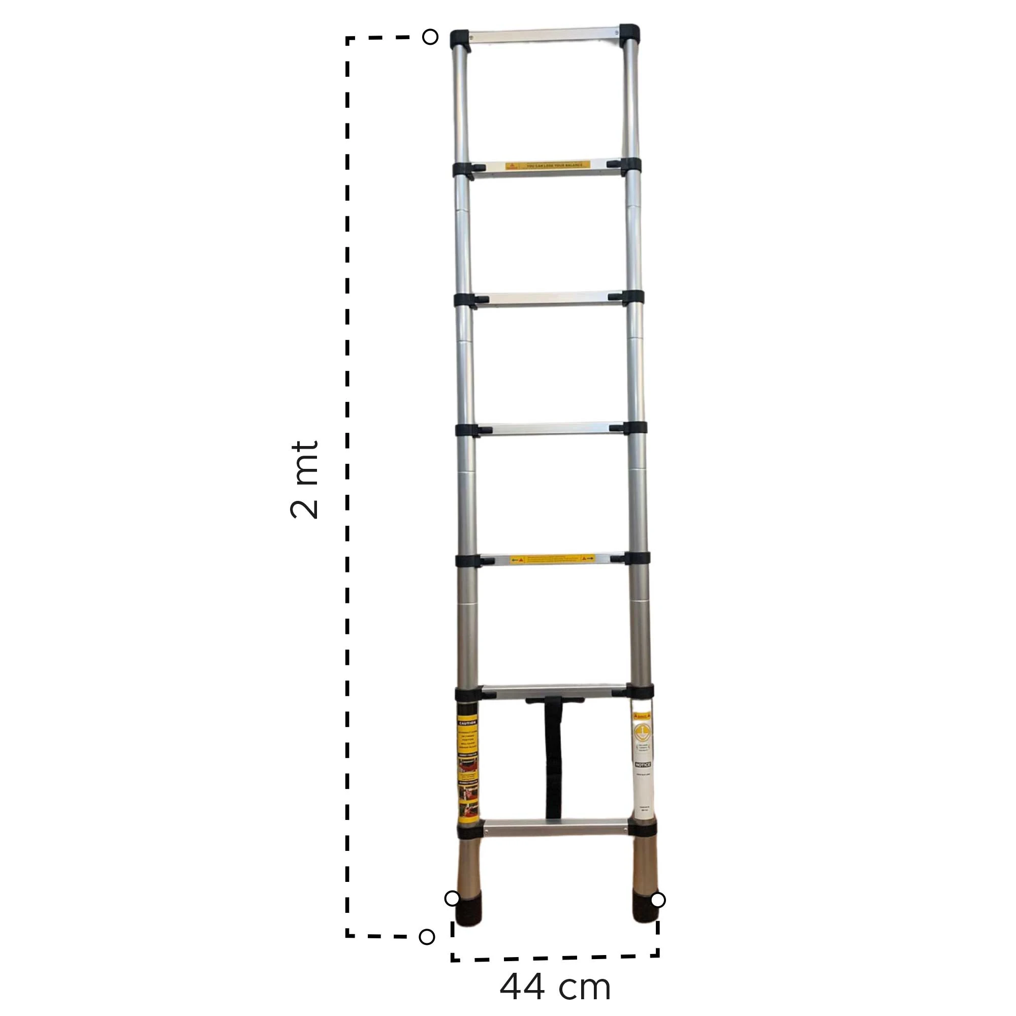 Escalera telescópica de aluminio, 2 metros de altura, 6 peldaños reforzados, base de 44 cm, con etiquetas amarillas en los pies.