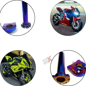 Acelerador Cuarta 1/4 moto lujo tornasol de aluminio, con detalles en azul y dorado, montado en motocicleta deportiva roja y amarilla.
