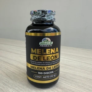 Botella negra de Melena de León 50g, con etiqueta dorada y texto blanco, mostrando 100 discos en presentación de suplemento natural.
