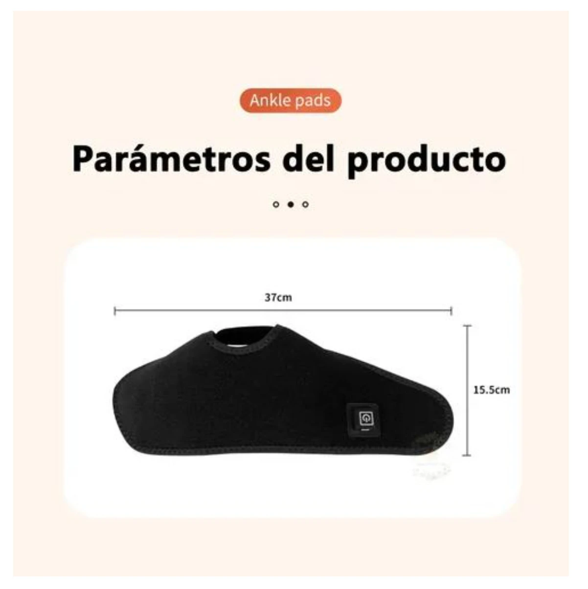 Tobillera térmica negra con medidas de 37 cm de largo y 15.5 cm de ancho, mostrando ajuste ergonómico y etiqueta de marca en lateral.
