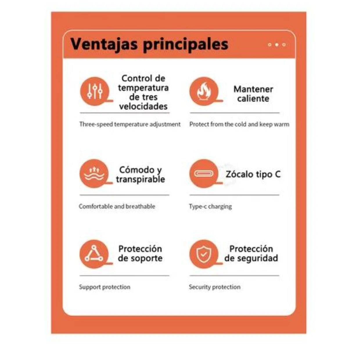 Infografía con seis íconos naranjas que muestran las ventajas de la tobillera térmica: control de temperatura, mantener caliente, cómodo y transpirable, zócalo tipo C, protección de soporte y seguridad.