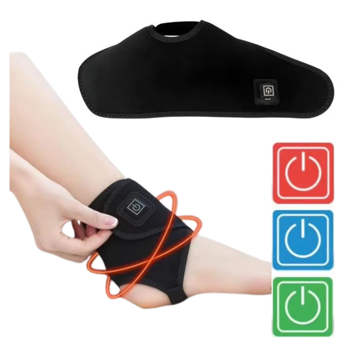 Tobillera térmica negra con control de calor, mostrada en uso sobre tobillo y vista frontal del producto, con iconos de encendido en rojo, azul y verde.