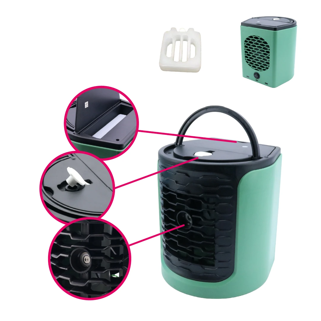 Ventilador enfriador portátil color menta con asa negra, detalles de rejilla, tapa y filtro incluidos.