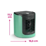 Ventilador enfriador portátil Dt2415 en color menta con detalles negros, mostrando dimensiones de 17,3 cm de alto y 16,5 cm de ancho.