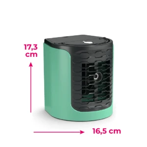 Ventilador enfriador portátil Dt2415 en color menta con detalles negros, mostrando dimensiones de 17,3 cm de alto y 16,5 cm de ancho.