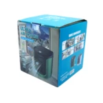 Caja azul del ventilador enfriador portátil Dt2415, con del producto en color verde oscuro y negro, mostrando su uso en interiores y detalles de funcionamiento.