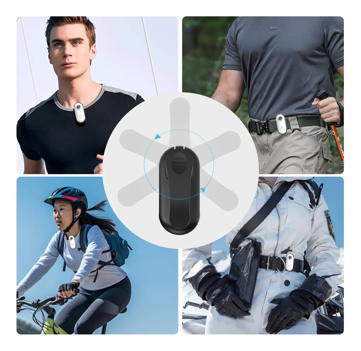 Dispositivo de grabación corporal con montaje magnético, mostrado en cuatro contextos: hombre en camiseta negra, persona con pantalón beige, ciclista con casco y oficial en uniforme blanco. El dispositivo es negro, compacto y se ajusta a la ropa o cinturón.