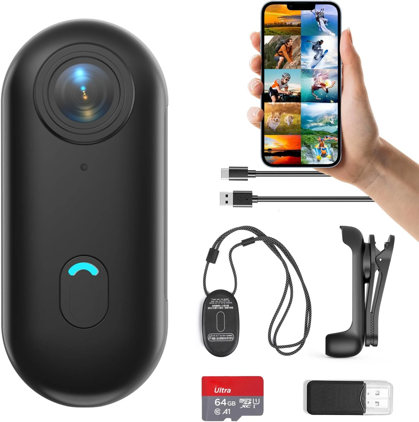 Cámara corporal negra con lente frontal, pantalla móvil mostrando galería de fotos, cable USB, correa, clip, tarjeta microSD de 64 GB y lector.