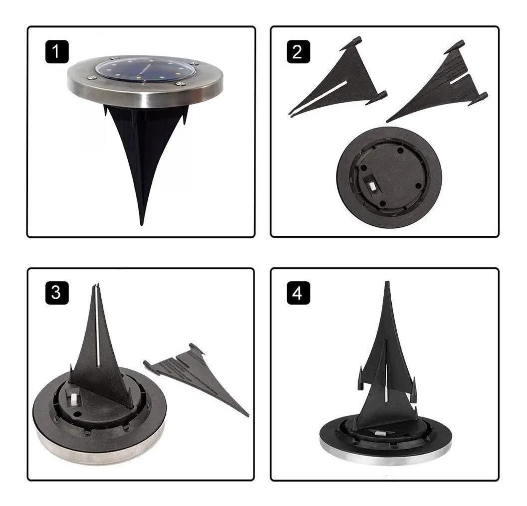Luz solar de piso con sensor automático, base metálica y punta negra; incluye accesorios de montaje y vista de componentes desarmados.