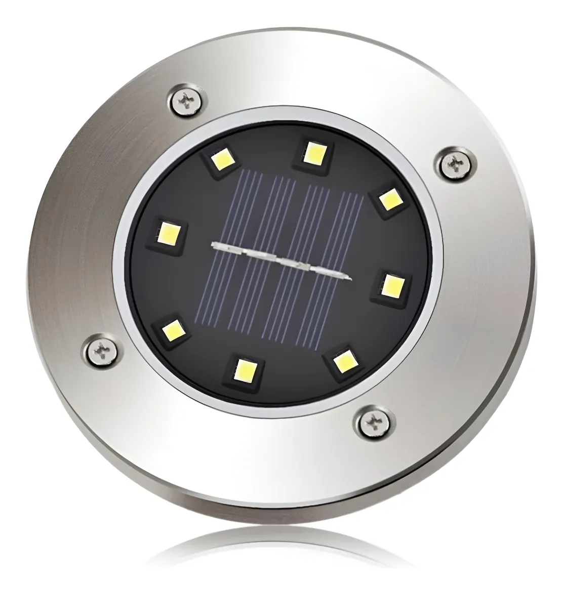 Reloj solar circular con panel fotovoltaico central, marco metálico cepillado y cuatro tornillos visibles en los bordes. Muestra ocho LEDs amarillos dispuestos en círculo alrededor del panel, con dos agujas indicadoras de hora.