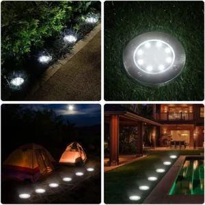 Cuatro vistas de luz de piso solar IP65 con sensor automático: en césped, junto a sendero, iluminando tienda de campaña y bordeando piscina nocturna.