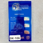 Cinta blanqueadora dental 5D en caja azul con instrucciones de uso y código DK-106 visible.