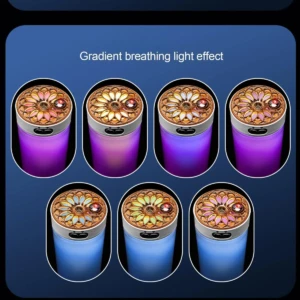 Set de dos humificadores portátiles con luz LED multicolor y diseño floral en la tapa, mostrando efecto de luz respiratoria en tonos púrpura y azul.