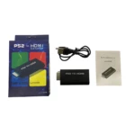 Adaptador HDMI para PlayStation 2 en caja azul con accesorios: cable USB, manual y dispositivo negro compacto.
