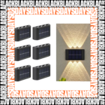 Paquete de 6 apliques solares de pared negros con paneles fotovoltaicos y luces LED arriba y abajo iluminando una superficie texturizada.