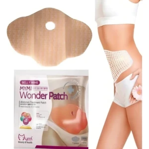 Parche abdominal Mymi Wonder Patch en color beige con centro circular, mostrado junto a su empaque y aplicado sobre el flanco de una modelo.
