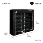 Zapatero vertical Homeasy de tela negra con 10 niveles y doble columna, mide 113 cm de ancho por 110 cm de alto, ideal para organizar hasta 54 pares de zapatos.