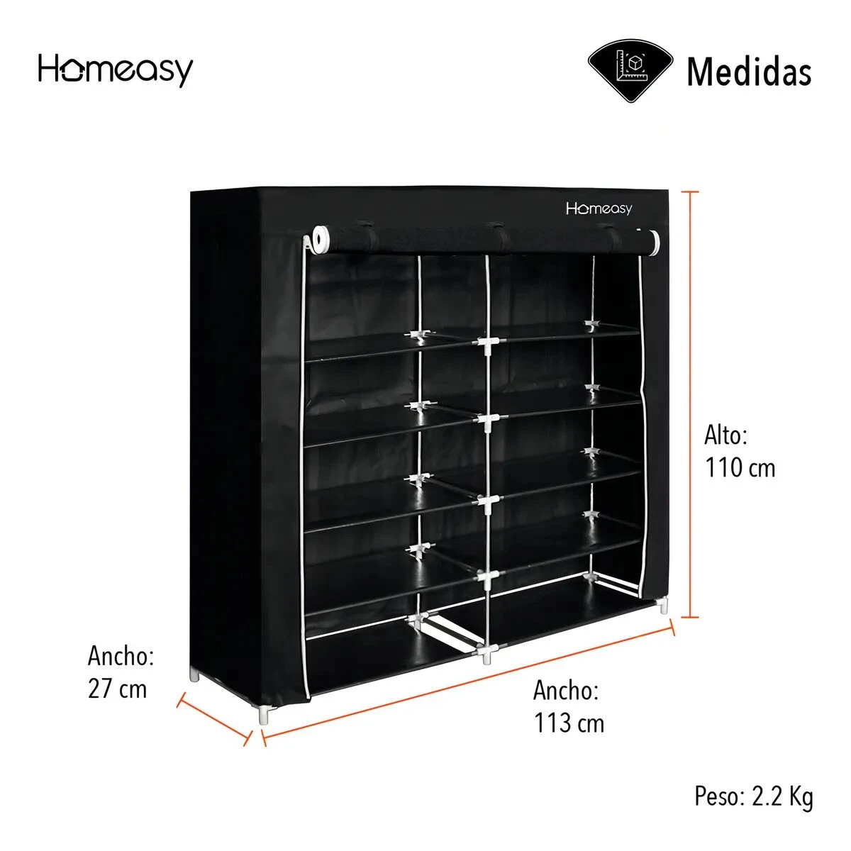 Zapatero vertical Homeasy de tela negra con 10 niveles y doble columna, mide 113 cm de ancho por 110 cm de alto, ideal para organizar hasta 54 pares de zapatos.