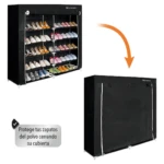 Zapatero vertical negro de tela con 10 niveles y doble columna, mostrando su interior con calzado y su versión cerrada para protección contra polvo.
