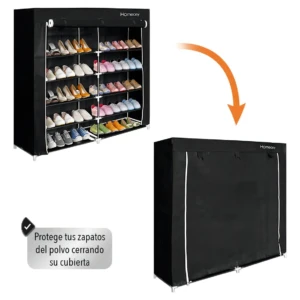 Zapatero vertical negro de tela con 10 niveles y doble columna, mostrando su interior con calzado y su versión cerrada para protección contra polvo.