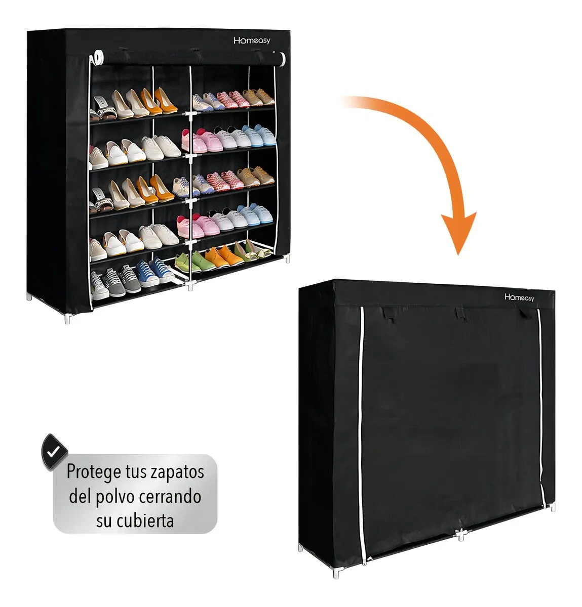 Zapatero vertical negro de tela con 10 niveles y doble columna, mostrando su interior con calzado y su versión cerrada para protección contra polvo.